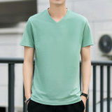 短袖T恤男V领纯色2021夏季新款含桑蚕丝中青年男士上衣莫代尔汗衫男(浅绿色 M)