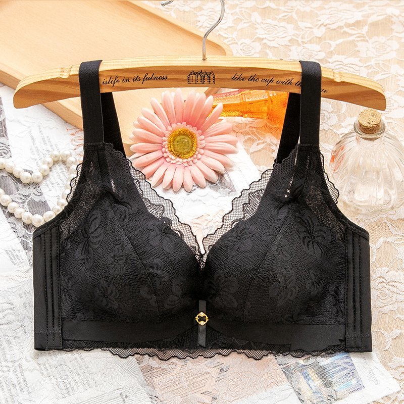 内衣聚拢收副乳加厚胸罩女聚拢小胸四排扣性感无钢圈文胸黑色中厚80b