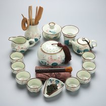 景德镇手绘功夫茶具套装青花瓷整套家用龙泉青瓷盖碗陶瓷茶壶茶杯(手绘梅子青16件套（茶叶罐）)
