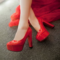 春秋季新款女鞋白色伴娘鞋粗跟防水台超高跟红色结婚鞋漆皮新娘鞋(37)(红色)