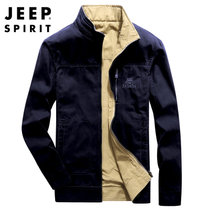 JEEP SPIRIT吉普男士纯棉夹克双面穿立领外套秋冬男士工装外套两面可穿中老年上装(深蓝色 L)