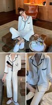 SUNTEK格子蕾丝睡衣春秋款女长袖大码2022年新款冬款家居服套装秋季(1021#白)