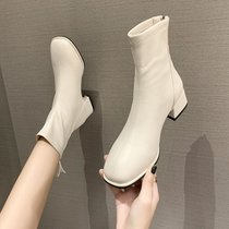 SUNTEK法式小短靴女鞋2021新款春秋马丁靴百搭粗跟中跟单靴白色瘦瘦靴子(38 米色【精品版】)