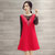 莉妮吉尔2016秋装新款韩版宽松大码深V领网纱接拼A型裙大红色长袖连衣裙女(红色 XL)