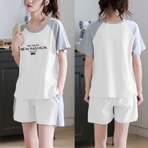 SUNTEK睡衣女夏新款韩版套装短袖短裤宽松大码两件套休闲运动跑步家居服(白色)