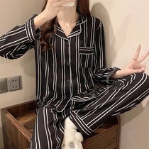 SUNTEK【纯情御姐】2022新款丝滑柔顺冰丝睡衣套装家居服两件套女春秋款(LW_HE开衫双长 黑底竖条纹)