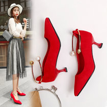 红色结婚鞋女士2017新款韩版超高跟新娘红鞋子细跟性感敬酒婚礼鞋(37)(红色(9cm))