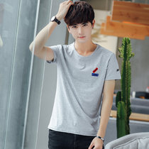 左岸男装圆领短袖T恤韩版修身青少年纯棉纯色半袖T恤打底衫(灰色 XXXL)