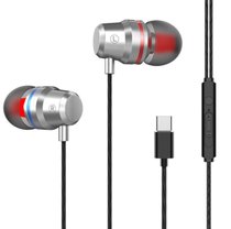 金属重低音红蓝圈入耳式有线HIFI耳机适用苹果安卓type-c扁口线控有线耳机(银色type-c送硅胶)