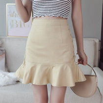 夏季2018新款高腰包臀短裙白色a字牛仔裙绑带半身鱼尾裙(卡其色 XL)
