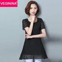 VEGININA  韩版大码宽松短袖雪纺衫女 9779(黑色 5XL)