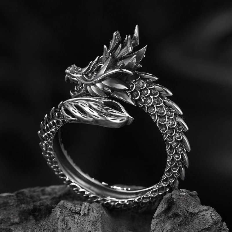 【余今时尚饰品图片】戒指男款男潮炫酷霸气新款开口龙形银单身戒个性