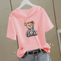 SUNTEK2022年春夏季新款白色连帽短袖t恤女宽松半袖印花纯色ins上衣服(2XL 粉色小熊)