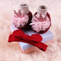 冬宝宝加绒地板鞋袜可爱婴儿鞋超软羊羔绒加绒地板中筒不掉袜套(红色 鞋子+发带 【M】1-2岁（脚12-14CM）)