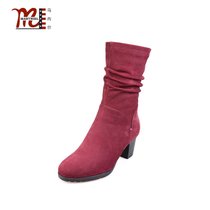 马内尔冬季新款皮里不过膝休闲靴反绒面高筒中长款高跟女靴G89521(紫红色 35)