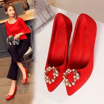女士红色结婚鞋子春季2017韩版百搭中式敬酒新娘鞋中跟孕妇红鞋夏(37)(红色)
