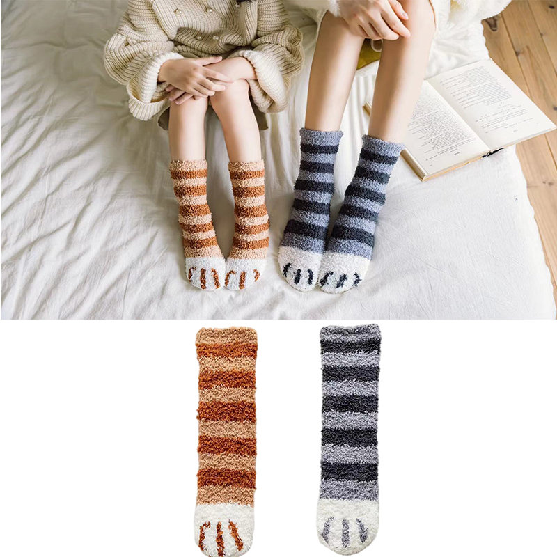 儿童袜子秋冬珊瑚绒中长筒加厚加绒宝宝地板袜防滑可爱猫爪袜子(小猫