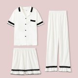 SUNTEK2021年新款睡衣女士甜美夏季薄款短袖短裤长裤三件套装家居服(2607 蕾丝三件套 白色)