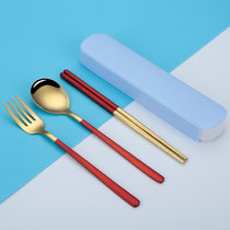 304不锈钢韩式餐具三件套便携一人食学生叉子单人叉勺子筷子套装(红金色 韩式三件套 蓝色盒 默认版本)