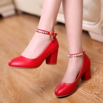 春秋季红色结婚鞋女新娘鞋婚礼红鞋粗跟高跟单鞋中跟大小码孕妇鞋(40)(红色)