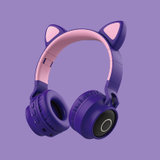 新款 猫耳朵头戴式蓝牙耳机 无线发光耳机电脑电竞耳麦(紫粉色)