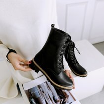 复古马丁靴女2017秋季新款英伦中筒靴系带学院风平底学生单靴子潮(37)(黑色)