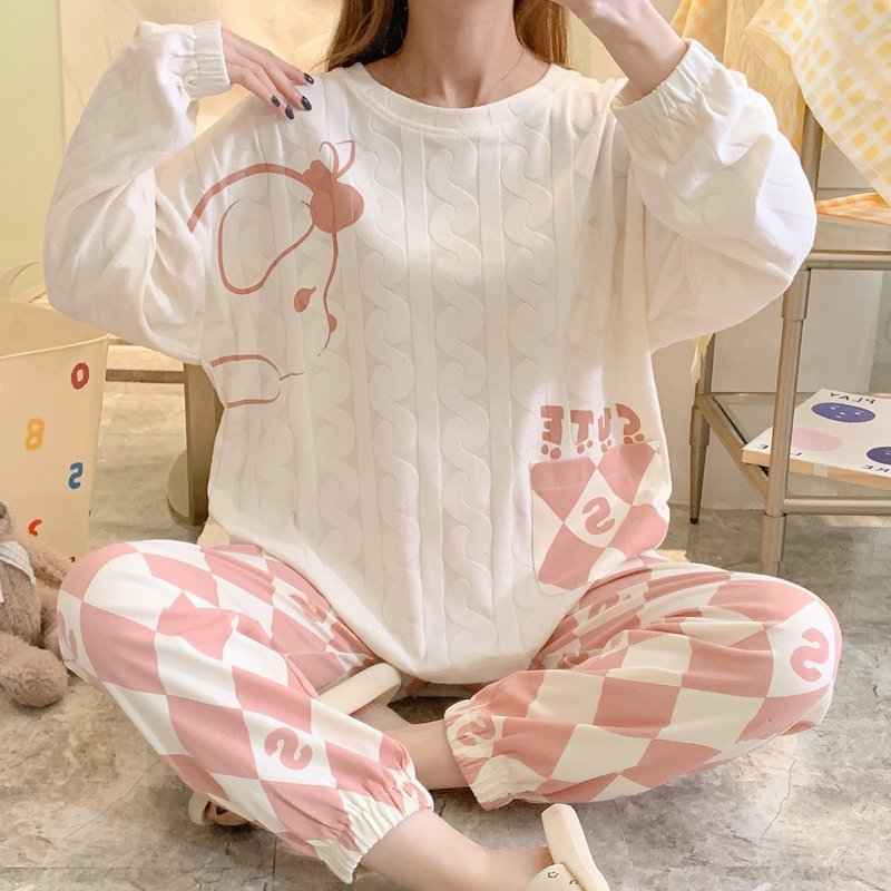 家居服suntek睡衣女春秋季长袖宽松休闲学生冬款甜美公主风套装家居服