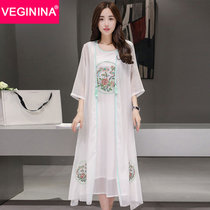 VEGININA  民族风新款复古刺绣雪纺长款连衣裙两件套 3118(白色 XL)