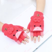 冬季保暖儿童手套男女童学生幼儿园宝宝针织翻盖半指写字露指手套(儿童翻盖手套-小熊枚红色-小号2-5岁（建议年龄）)