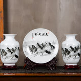 景德镇陶瓷器三件套小花瓶现代中式客厅电视柜插花工艺品装饰摆件(马到成功)