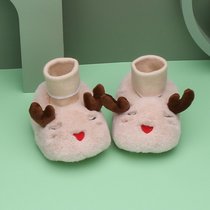 冬宝宝加绒地板鞋袜可爱婴儿鞋超软羊羔绒加绒地板中筒不掉袜套(荧光黄 小鹿(加绒防滑） 【S】0-12个月（脚10-12CM）)