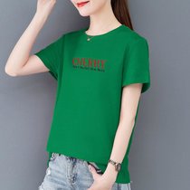 夏季薄款圆领短袖T恤女装年宽松时尚印花体恤衫百搭上衣(绿色 XL 建议115-124斤)