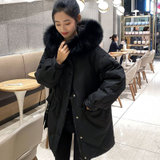 羽绒服女2021新款冬季中长款韩版宽松大毛领时尚小个子白鸭绒外套(黑色 S)