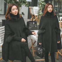 2017冬装新款韩版黑色矮个子中长款毛领羊绒大衣披风外套女