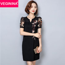 VEGININA 宽松型V领中长款修身连衣裙短袖 9509(黑色 4XL)