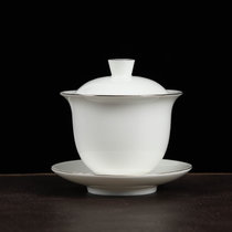羊脂玉白瓷盖碗单个茶杯陶瓷手工大号泡茶器家用功夫三才茶碗(喜乐盖碗（描金）)