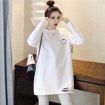 SUNTEK长袖白色t恤女秋冬洋气中长款ins打底衫2022春秋新款宽松上衣(2XL 常规款【微笑】)