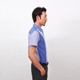 2013爆款男士立领经典条纹撞色纯棉短袖衬衫C13007(蓝色条纹 39)