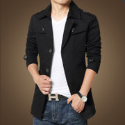 春秋季新款韩版修身中长款风衣男士外套青年薄款翻领大衣男装衣服   J911(黑色 XL)