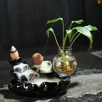 茶宠倒流香可养创意陶瓷小和尚紫砂茶玩玻璃花瓶茶盘精品摆件(荷塘仙境 绿)