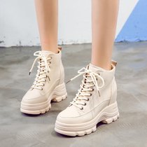 SUNTEK短靴子女2021年新款春秋女鞋百搭加绒8cm内增高厚底英伦风马丁靴(37 米色（单里）)
