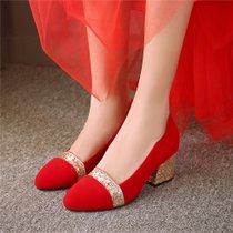 2018春秋季中跟新娘鞋女红色高跟结婚鞋金色粗跟单鞋孕妇婚礼红鞋(43)(银色_精品防滑版_)