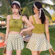 分体泳衣少女韩版泳装新款两件套小清新裙式保守学生温泉泳衣(绿色028212 XL（105-120斤）)