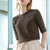 MISS LISA中袖t恤女装立体条纹五分袖体恤纯色气质圆领上衣AL301867(巧克力色 L)