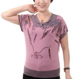 尚菊 新品上衣中老年服装 中年女装夏装 时尚妈妈装短袖T恤(淡紫色 115)