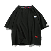 X17短袖T恤男2022年款日系宽松仿棉麻清爽透气圆领半袖体恤大码刺绣XCF0006(黑色 XL)