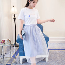 伊秋梦紫2017新款女韩版学生甜美网纱连衣裙两件套装裙子中长款夏季8957(白色 XL)