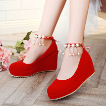 2017春季新款韩版红色婚鞋女厚底单鞋坡跟女鞋结婚鞋水钻孕妇鞋子(37)(黑色11cm)