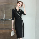 MISS LISA韩版时尚气质中长款V领高腰连衣裙大码裙子YWZ8116(黑色 S)
