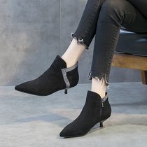 SUNTEK短靴裸靴女2021新款尖头小跟短靴女高跟鞋女秋冬细跟时尚低跟女鞋(39 黑色-2单里)